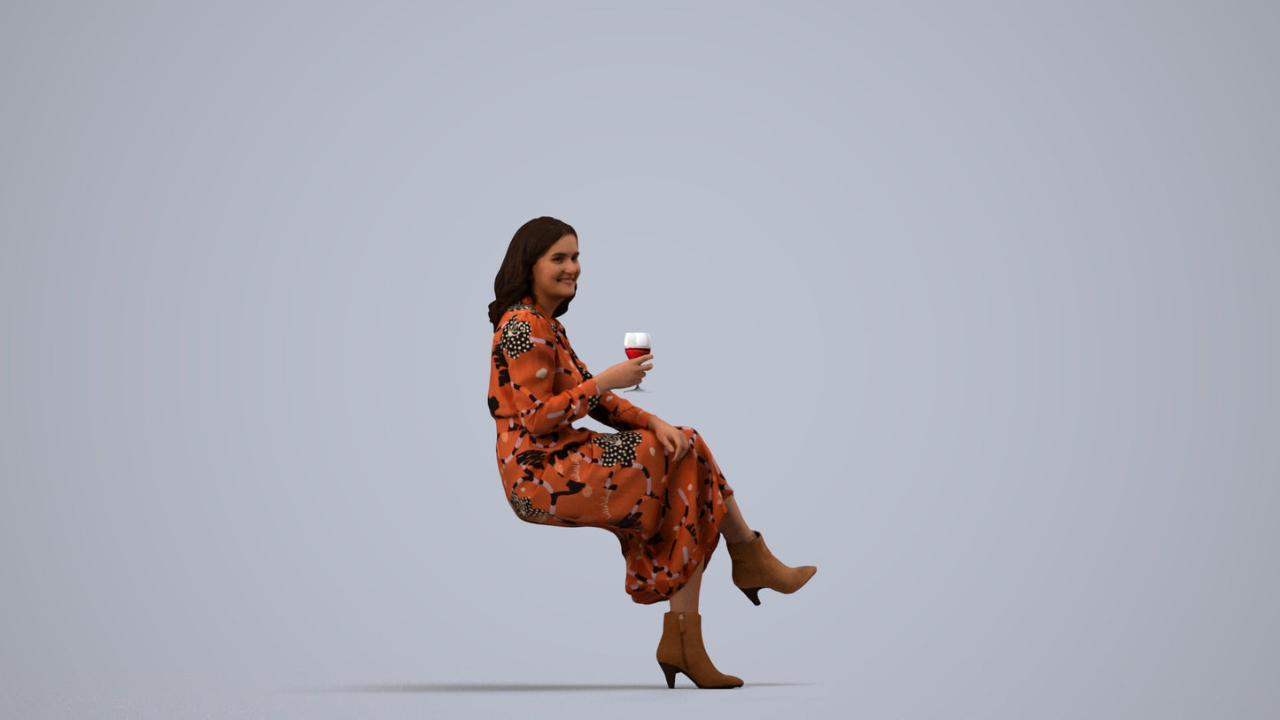photogrammetry 3D woman casual sitting, realistic human model archviz FBX, side view render