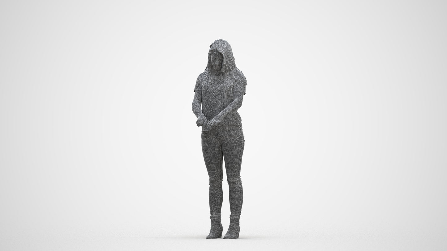 3D human model woman casual standing, photogrammetry scanned person for archviz, three-quarter front view render