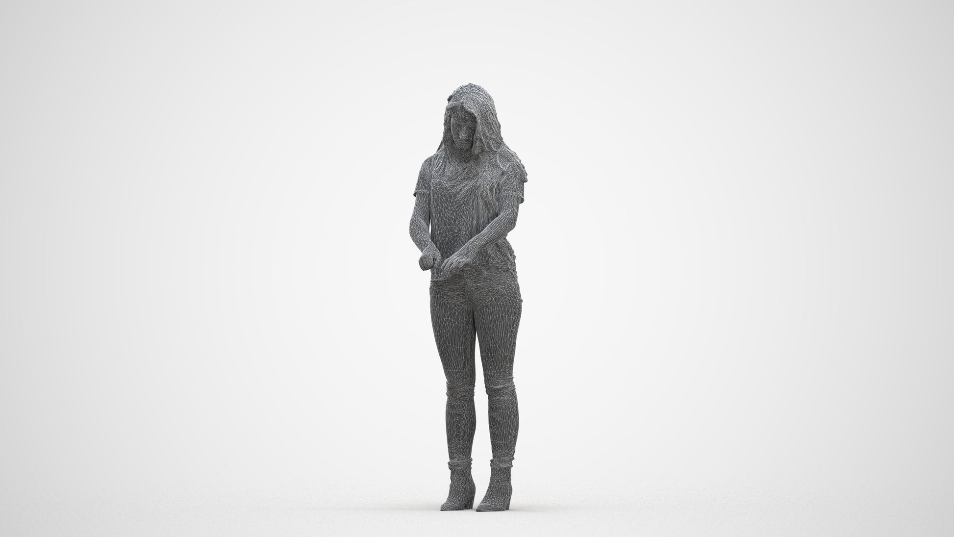 3D human model woman casual standing, photogrammetry scanned person for archviz, three-quarter front view render