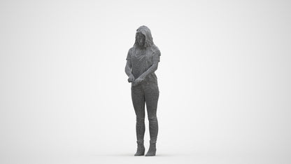 3D human model woman casual standing, photogrammetry scanned person for archviz, three-quarter front view render