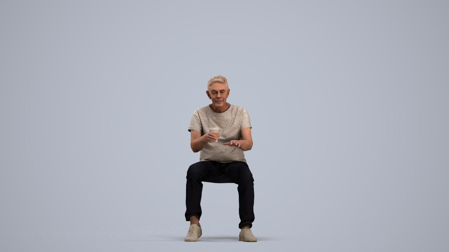 3D people model senior man casual sitting, scanned human for 3ds Max rendering, standing pose render