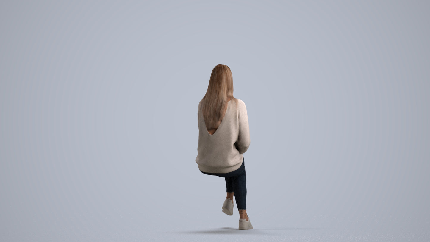 realistic 3D human woman casual sitting, archviz people FBX OBJ for Blender, front view render