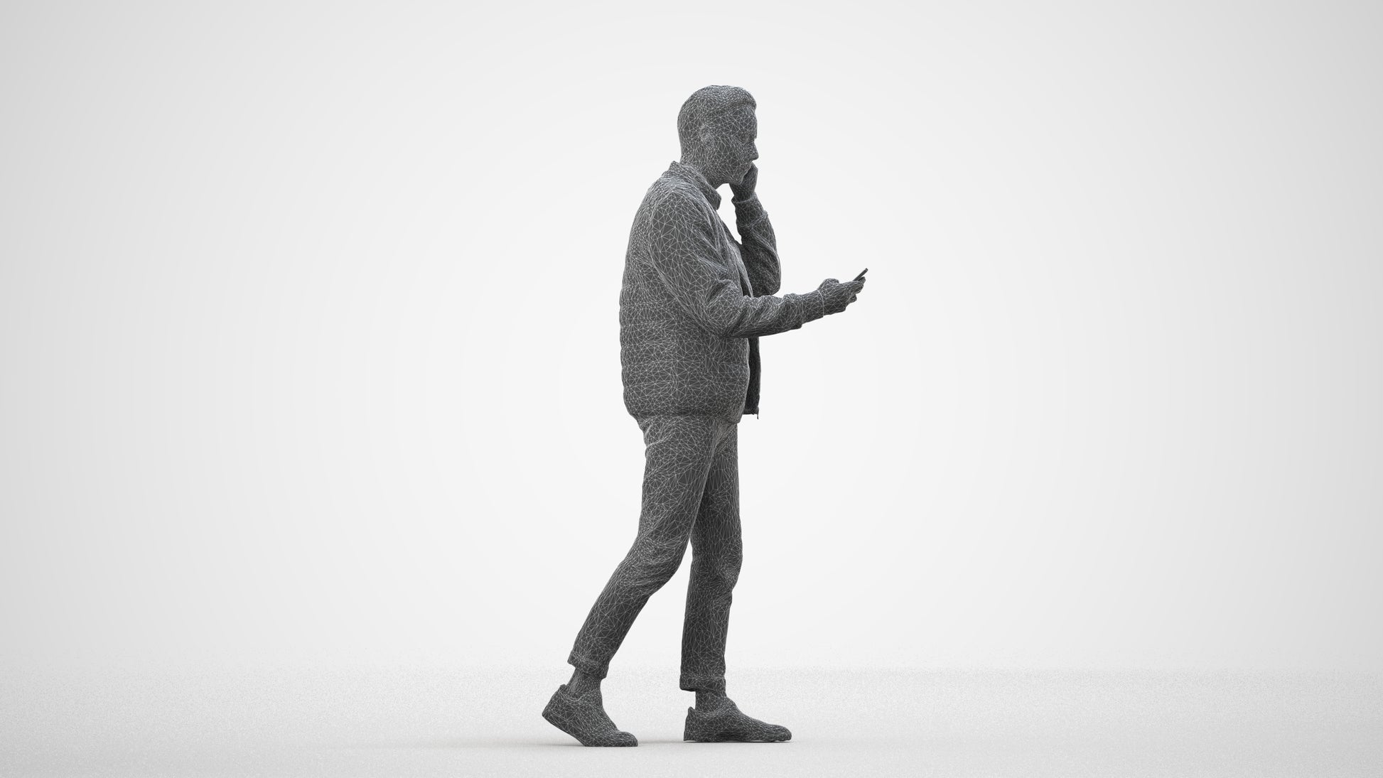 3D scanned man walking casual, photorealistic archviz people for Enscape and SketchUp, wireframe side view