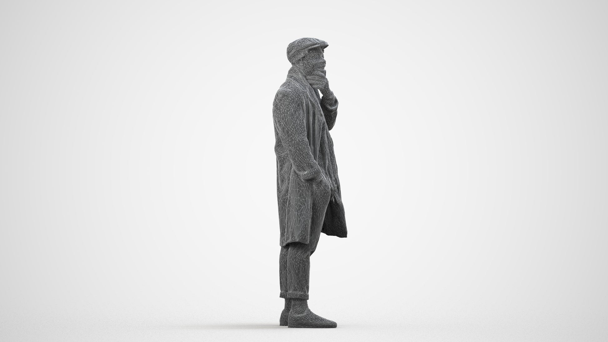 3D human model man casual standing, photogrammetry scanned person for archviz, wireframe side view