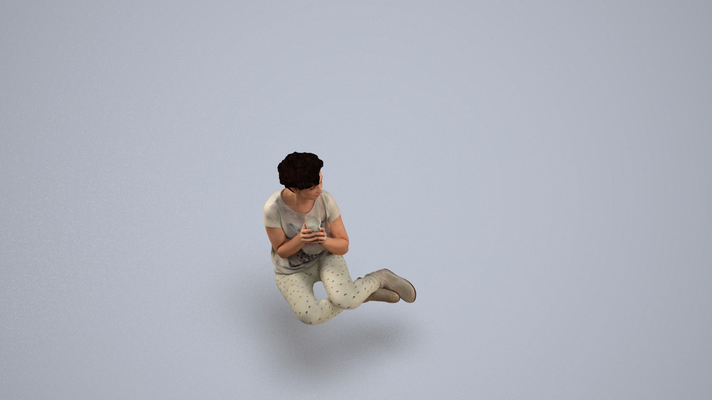 3D human model woman casual sitting, photogrammetry scanned person for archviz, back view render