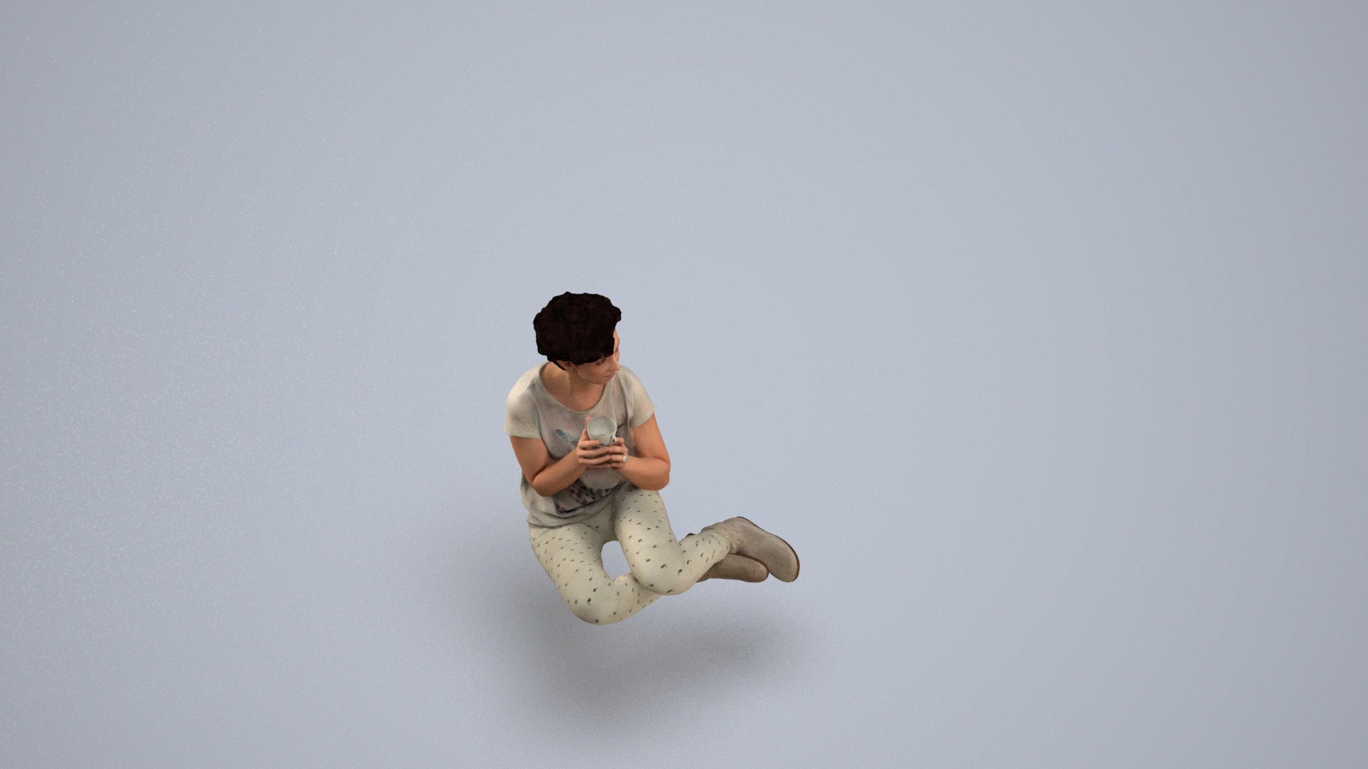 3D human model woman casual sitting, photogrammetry scanned person for archviz, back view render