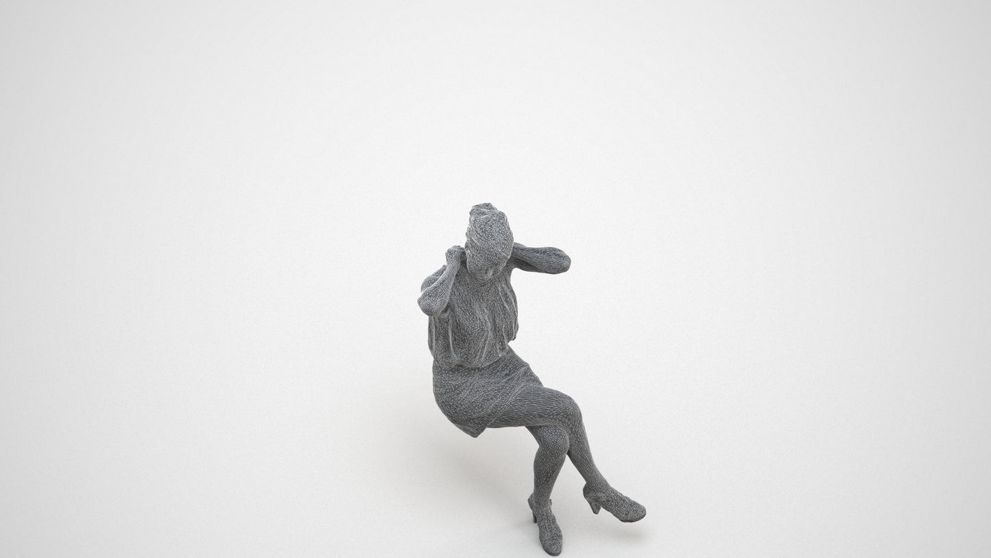 realistic 3D woman casual sitting, scanned archviz people for Blender and 3ds Max, wireframe three-quarter view
