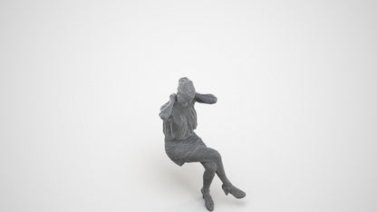 realistic 3D woman casual sitting, scanned archviz people for Blender and 3ds Max, wireframe three-quarter view