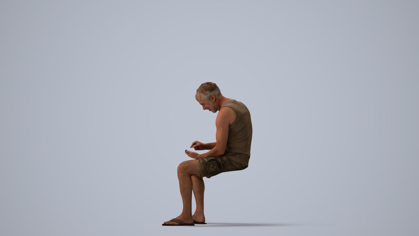 scanned 3D man casual sitting, photogrammetry people for Enscape and V-Ray, three-quarter view render
