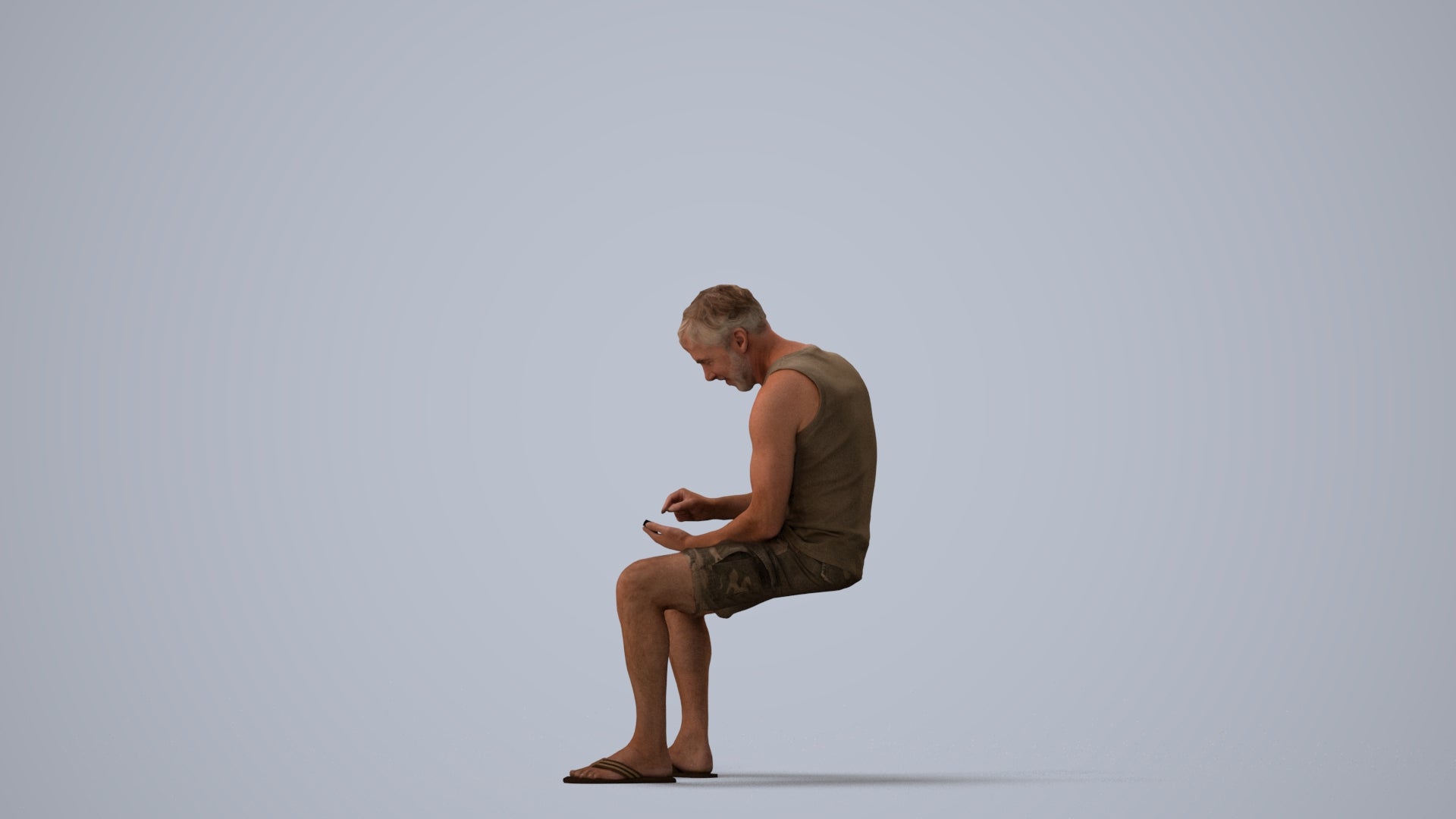 scanned 3D man casual sitting, photogrammetry people for Enscape and V-Ray, three-quarter view render
