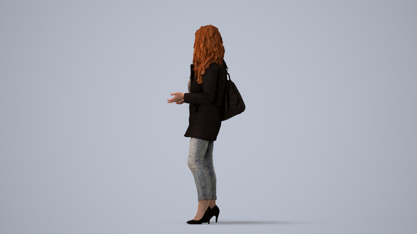 3D scanned woman standing casual, photorealistic archviz people for Enscape and SketchUp, three-quarter view render