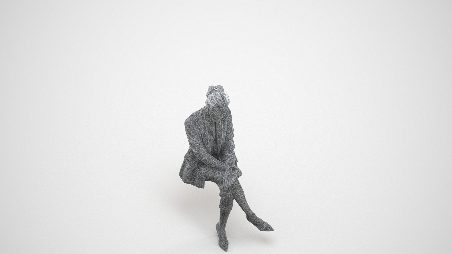 3D human model woman business sitting, photogrammetry scanned person for archviz, wireframe three-quarter view