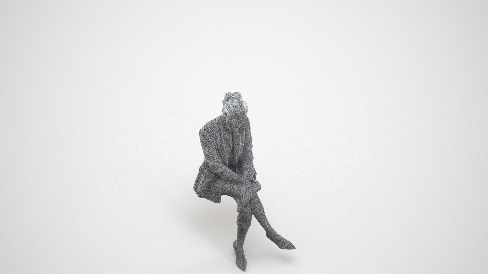 3D human model woman business sitting, photogrammetry scanned person for archviz, wireframe three-quarter view