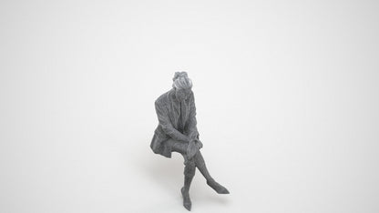 3D human model woman business sitting, photogrammetry scanned person for archviz, wireframe three-quarter view