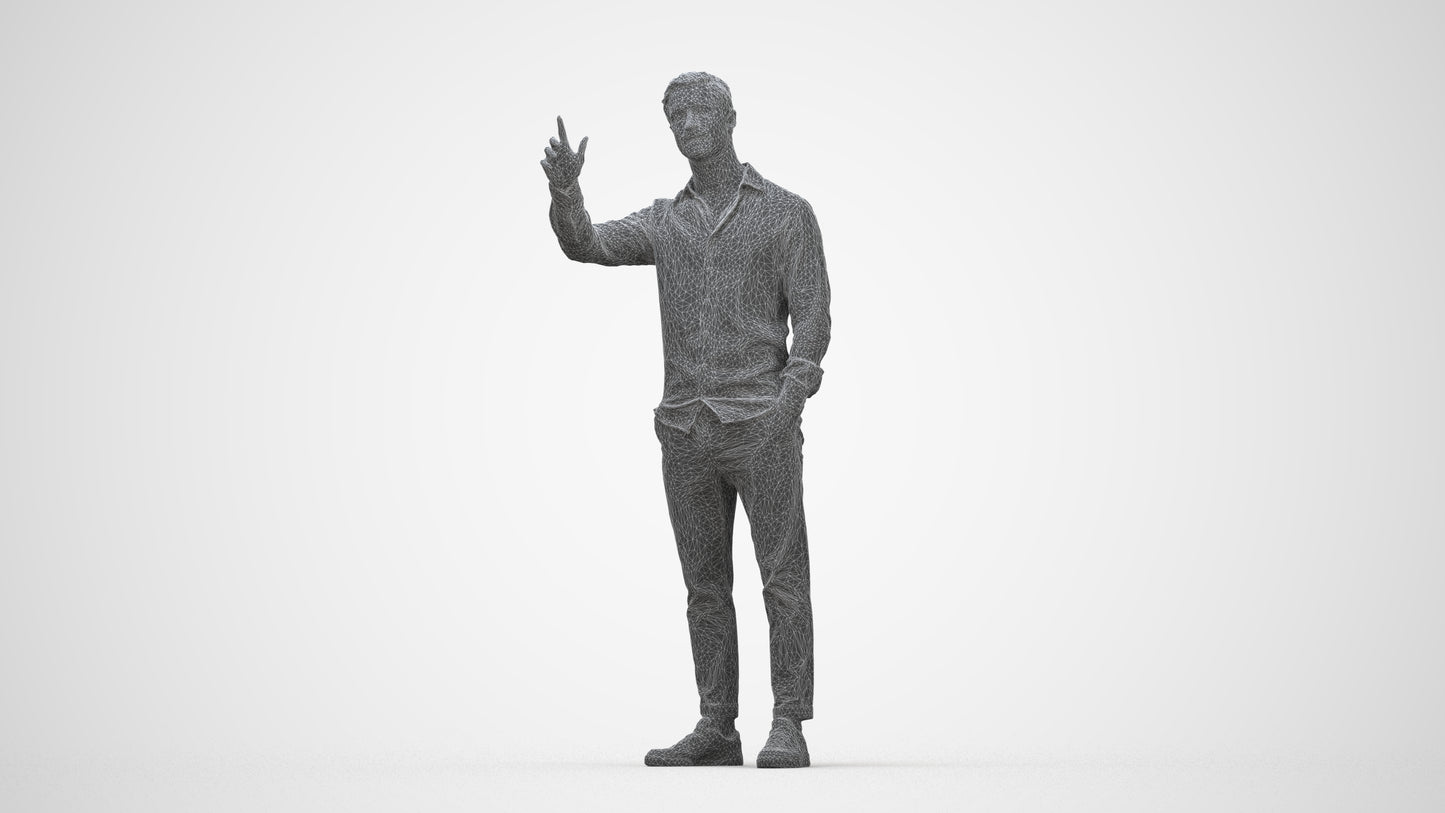 3D human model man casual standing, photogrammetry scanned person for archviz, wireframe back view