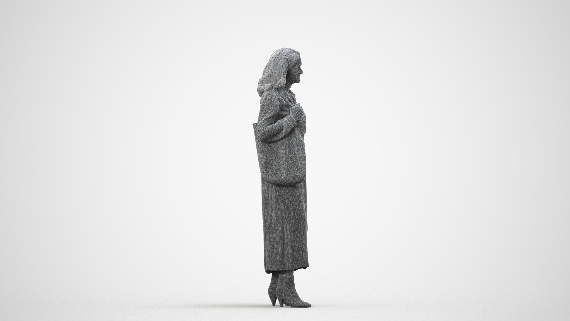 realistic 3D human woman casual standing, archviz people FBX OBJ for Blender, wireframe side view