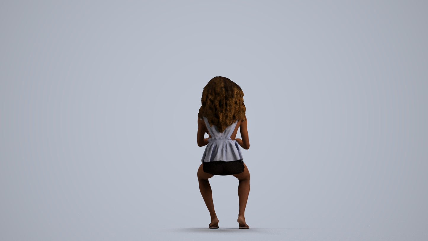 3D human model woman casual sitting, photogrammetry scanned person for archviz, front view render