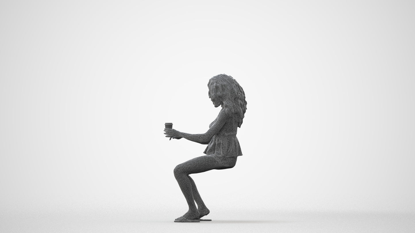 3D human model woman casual sitting, photogrammetry scanned person for archviz, square thumbnail
