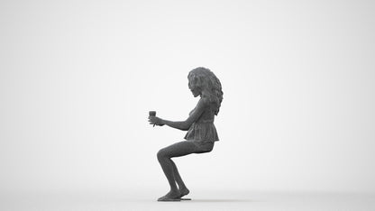 3D human model woman casual sitting, photogrammetry scanned person for archviz, square thumbnail