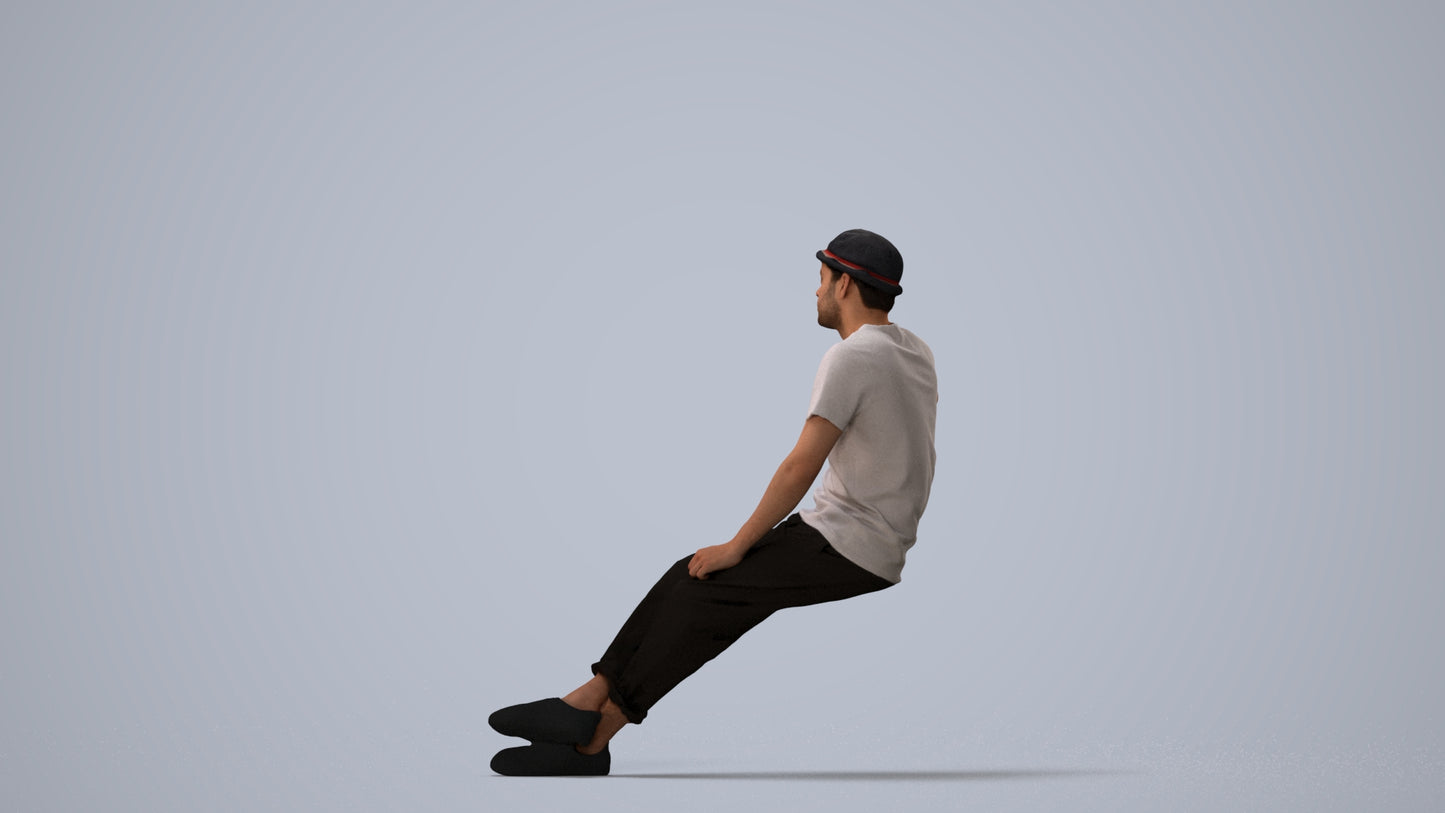 photogrammetry 3D man casual sitting, realistic human model archviz FBX, three-quarter view render