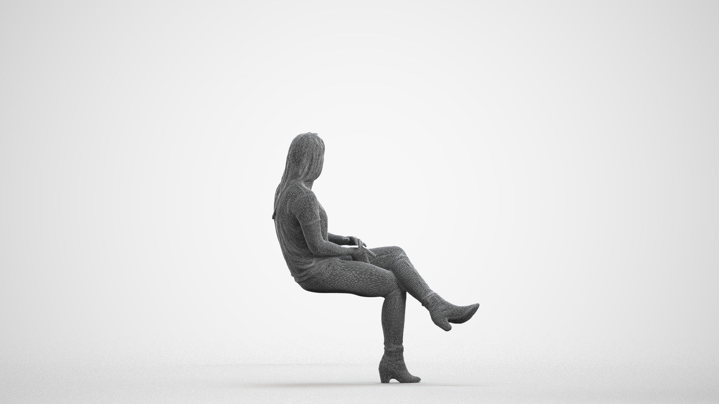 realistic 3D people woman casual sitting, render-ready for V-Ray and Corona, FBX OBJ, wireframe front view