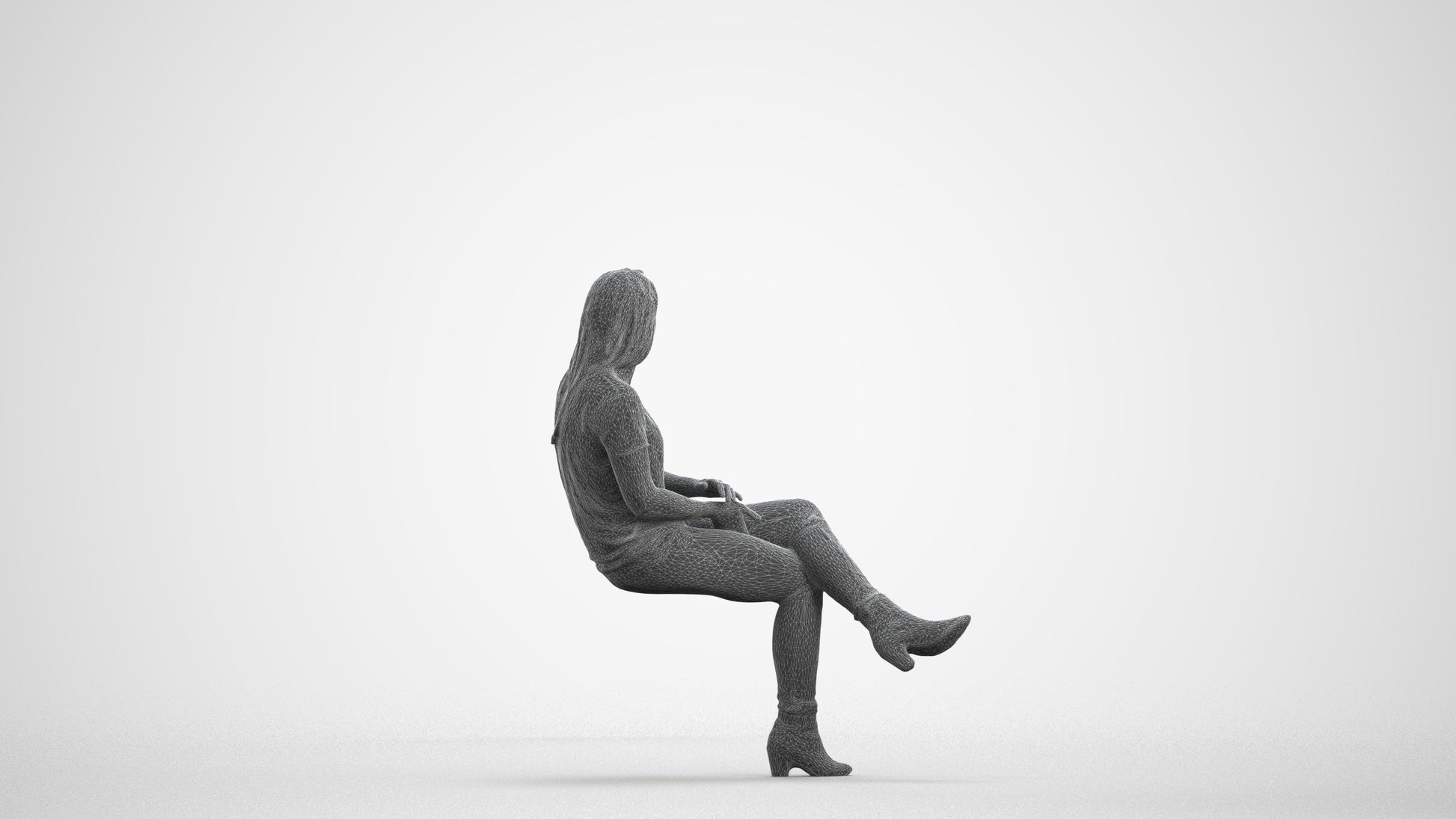 realistic 3D people woman casual sitting, render-ready for V-Ray and Corona, FBX OBJ, wireframe front view