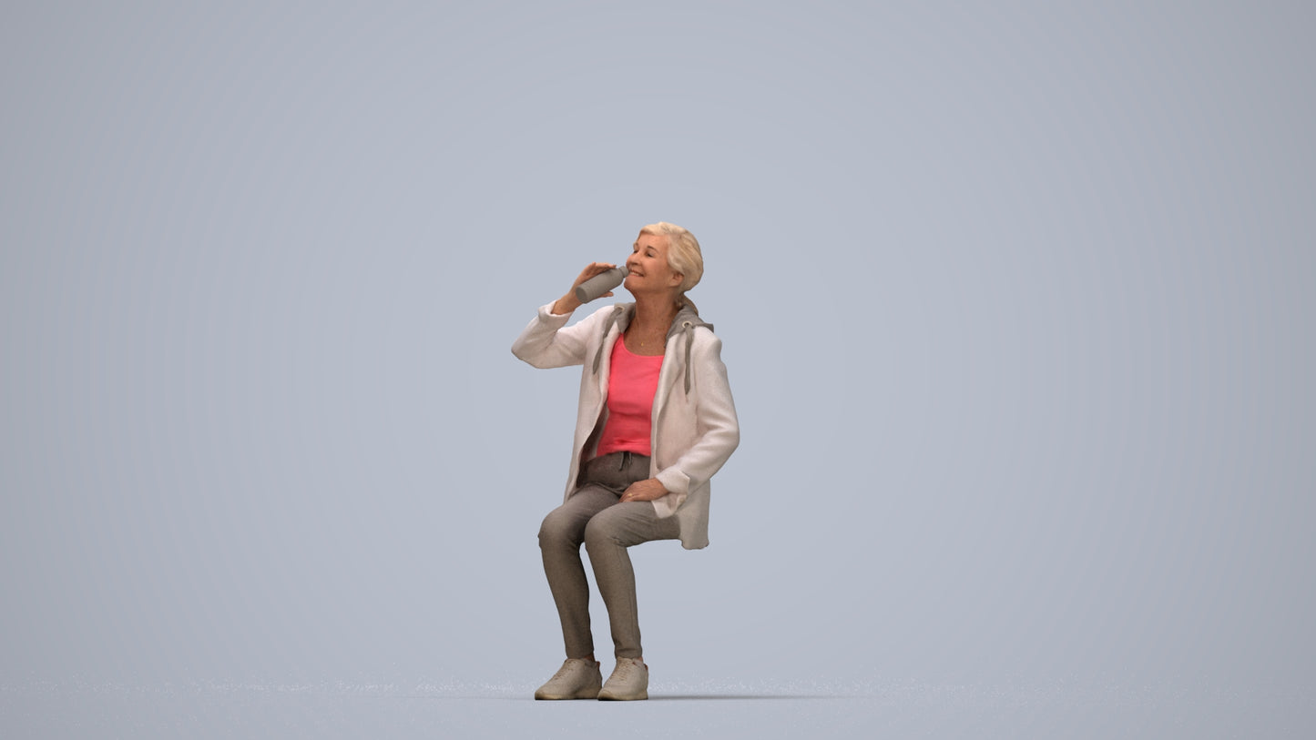 photogrammetry 3D senior girl casual sitting, realistic human model archviz FBX, top-down view render