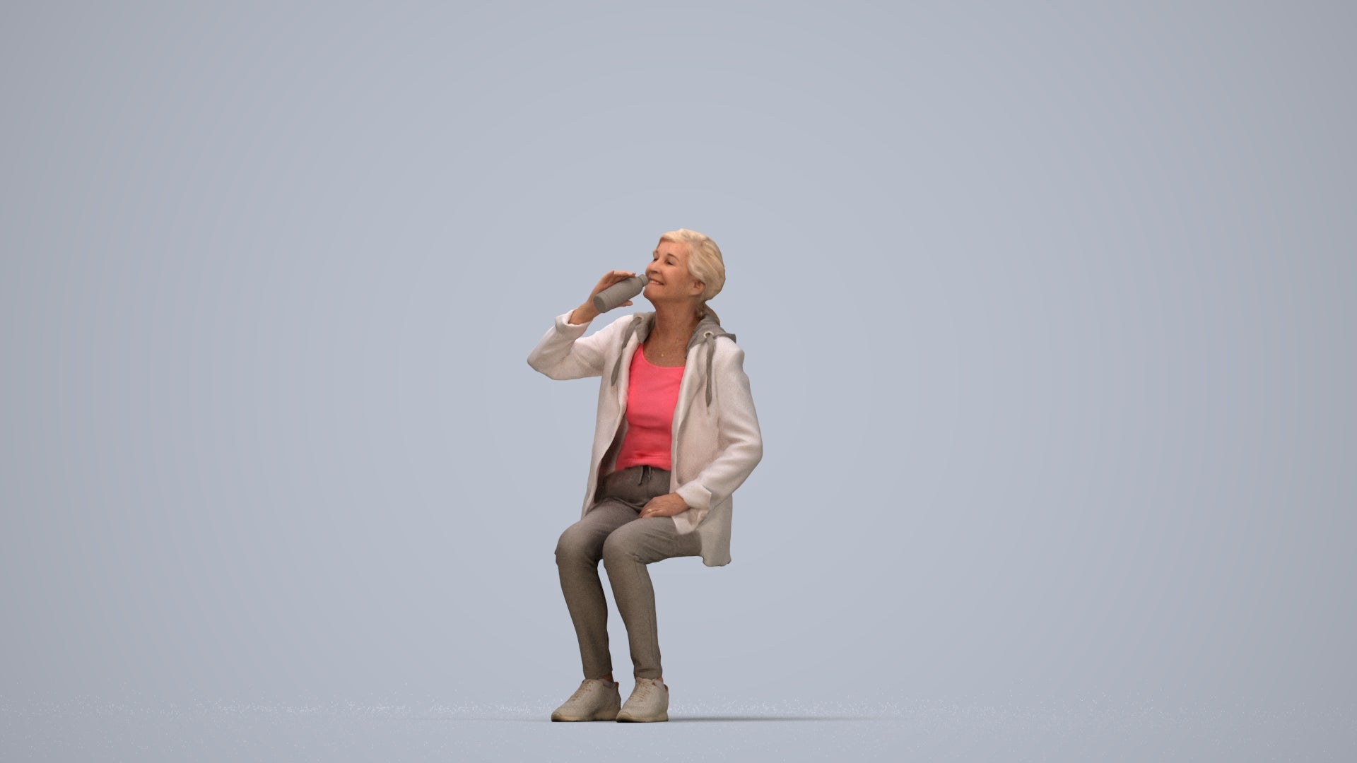 photogrammetry 3D senior girl casual sitting, realistic human model archviz FBX, top-down view render