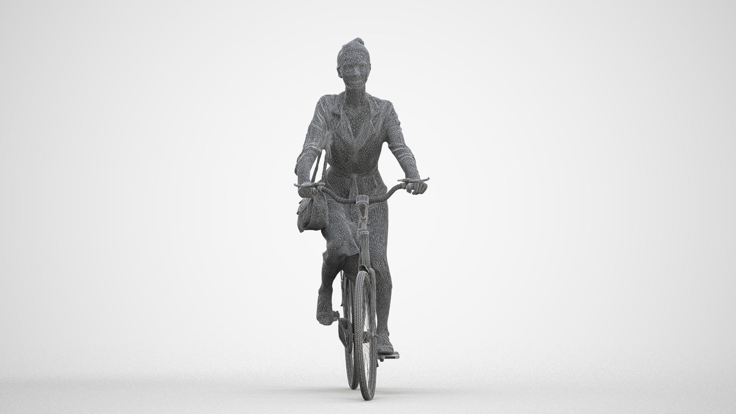realistic 3D woman casual cycling, scanned archviz people for Blender and 3ds Max, three-quarter front view render