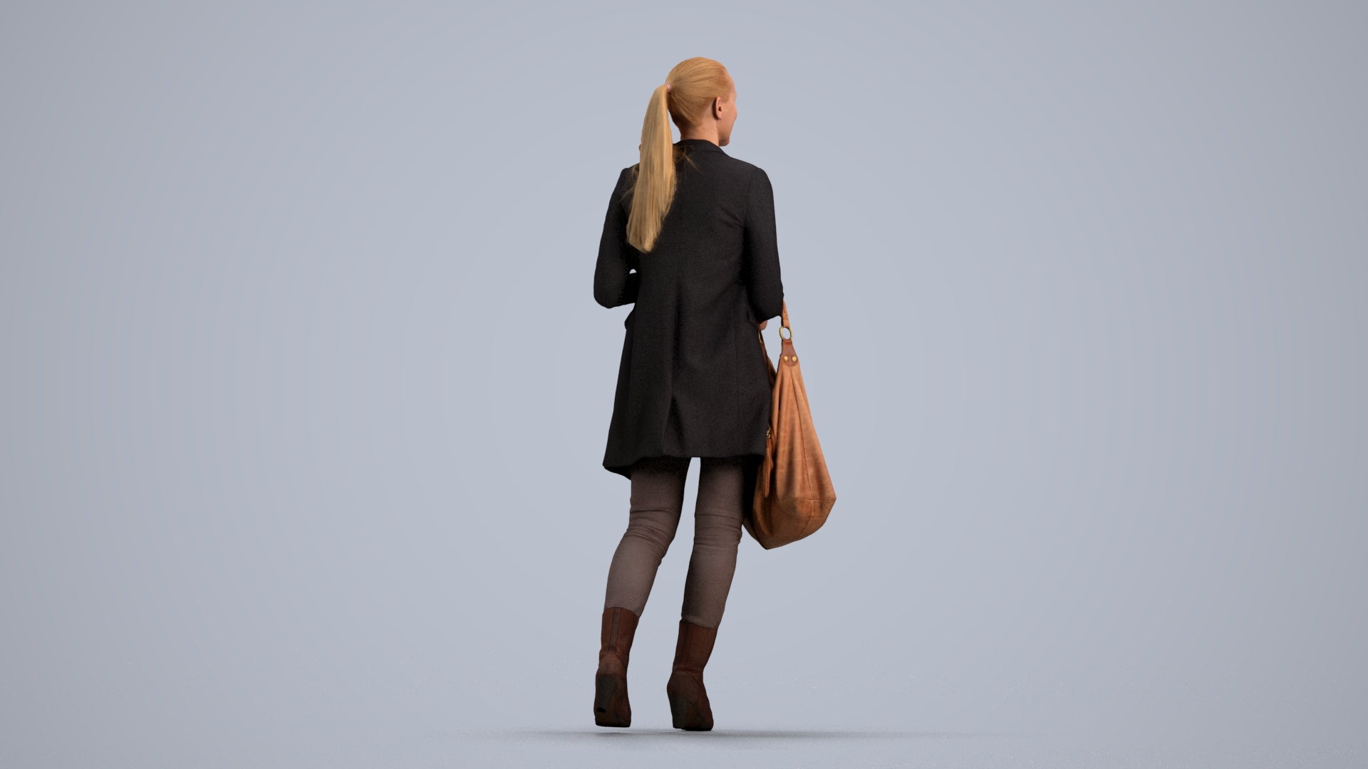 3D human model woman business walking, photogrammetry scanned person for archviz, front view render