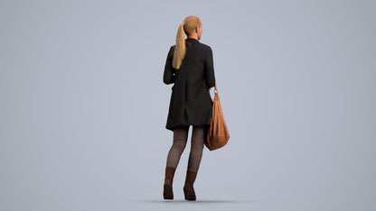 3D human model woman business walking, photogrammetry scanned person for archviz, front view render