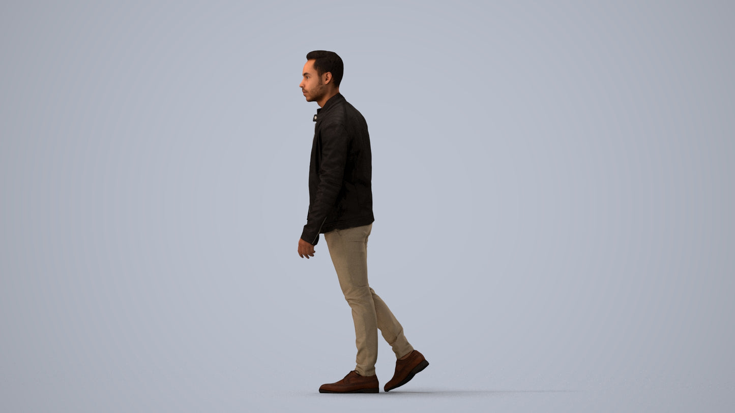 3D scanned man walking business, photorealistic archviz people for Enscape and SketchUp, three-quarter view render