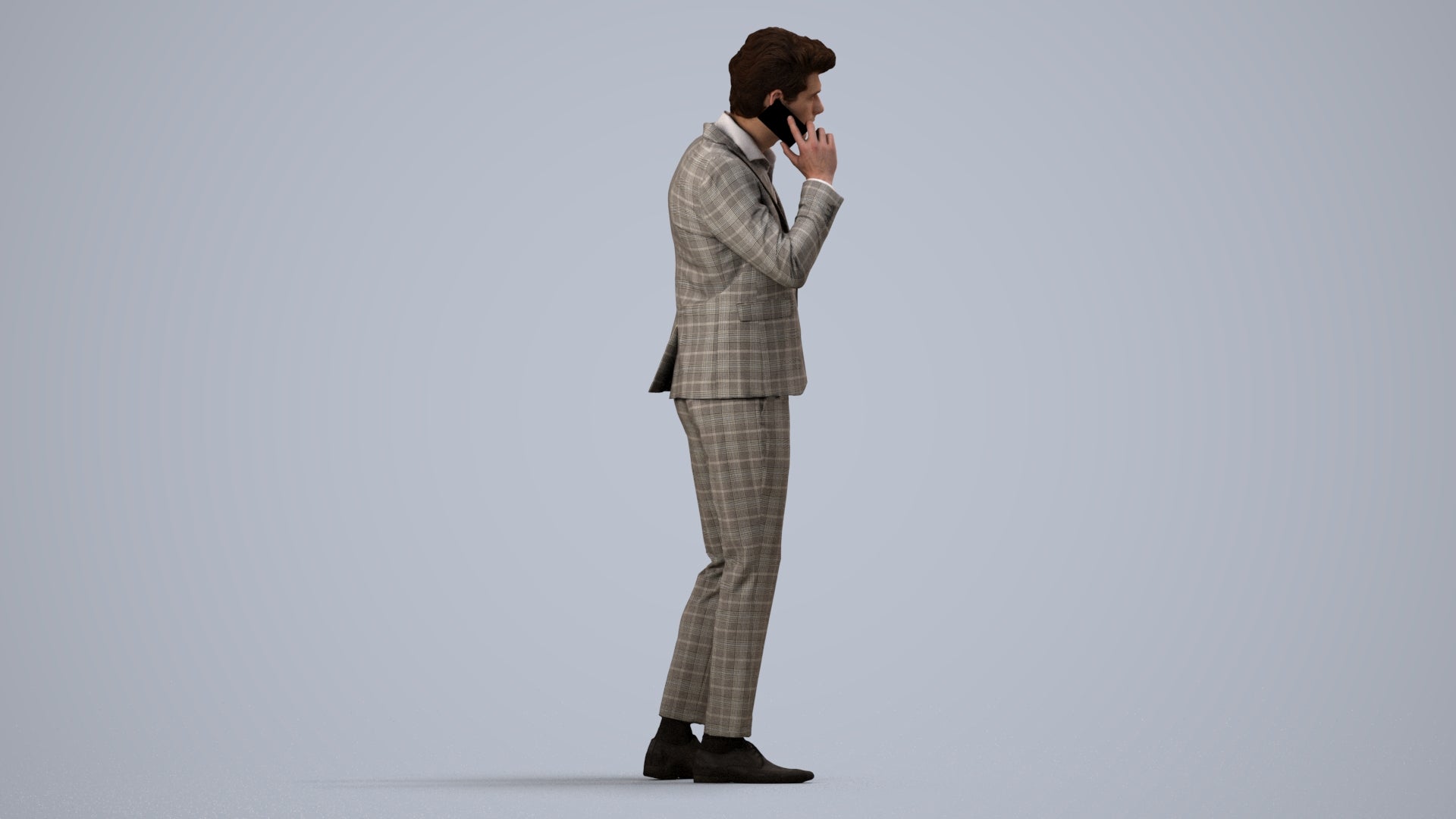3D human model man business, photogrammetry scanned person for archviz, side view render