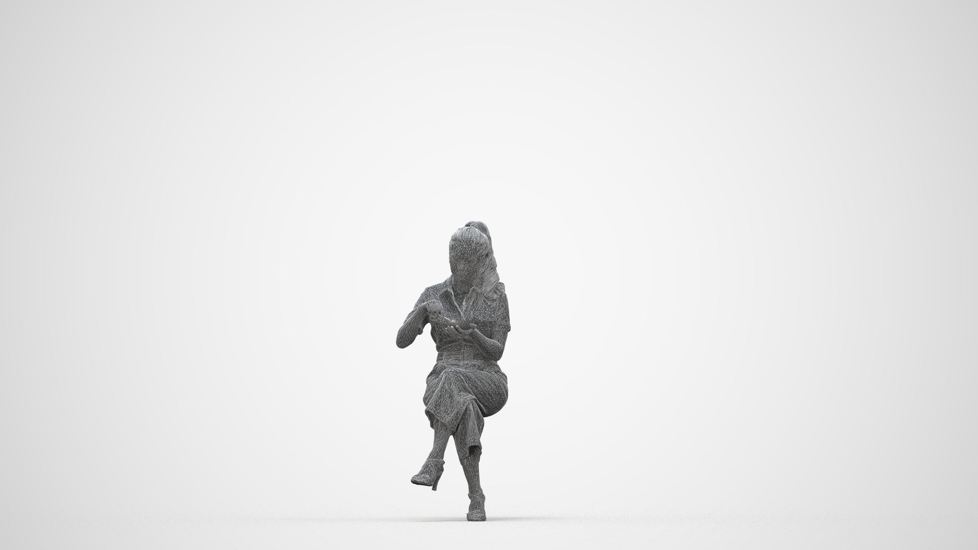 3D scanned woman sitting casual, photorealistic archviz people for Enscape and SketchUp, wireframe back view