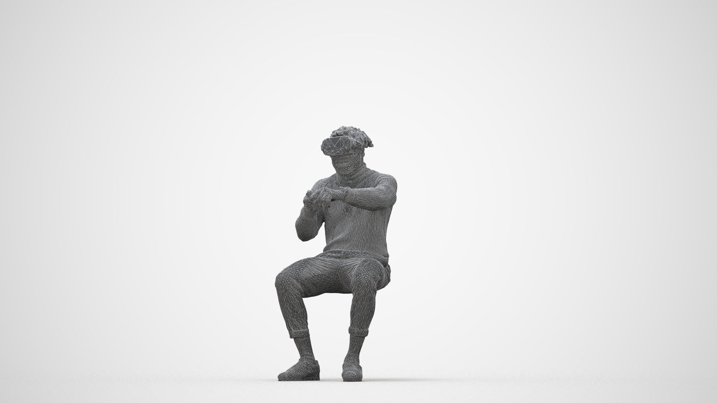 3D scanned man sitting casual, photorealistic archviz people for Enscape and SketchUp, wireframe back view