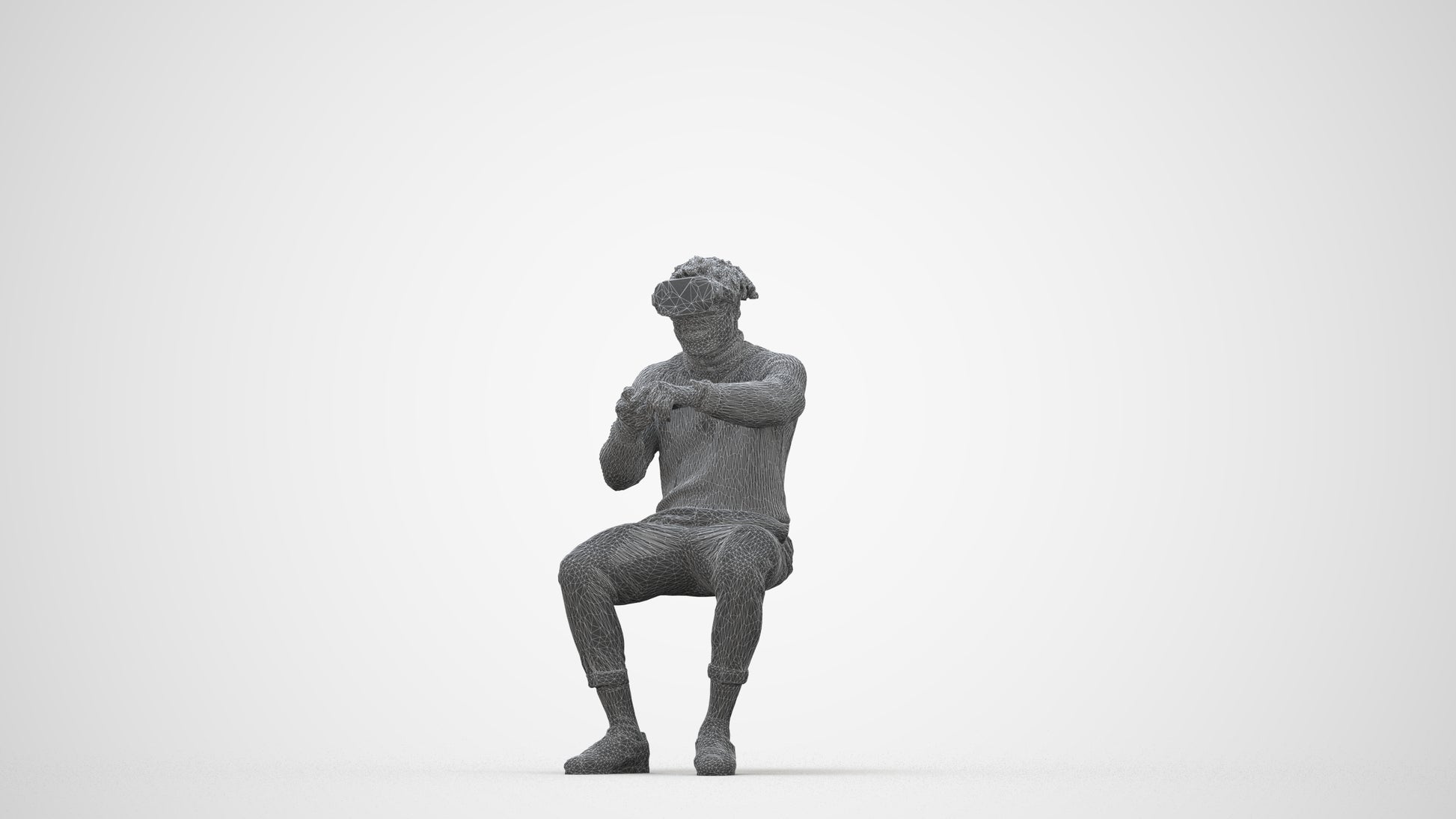 3D scanned man sitting casual, photorealistic archviz people for Enscape and SketchUp, wireframe back view