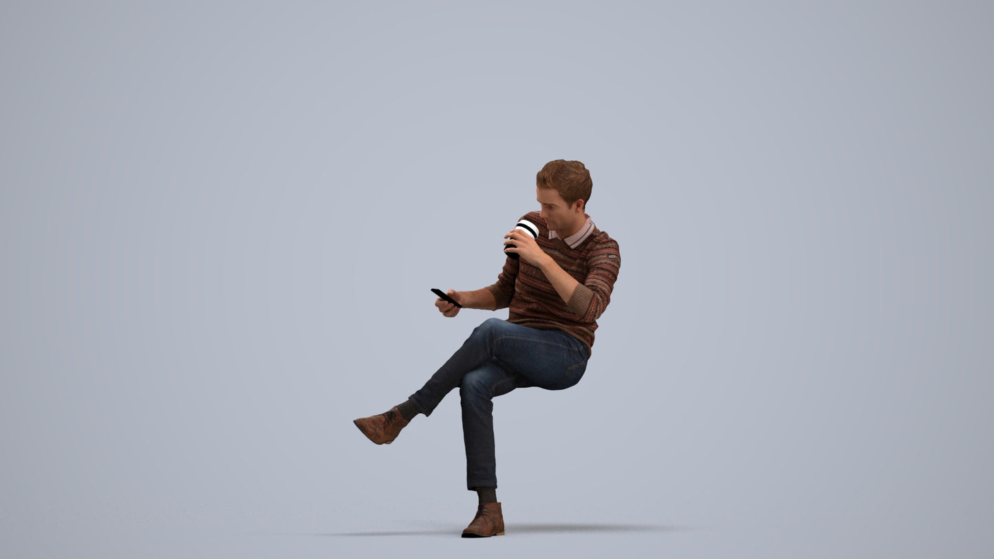 photogrammetry 3D man casual sitting, realistic human model archviz FBX, standing pose render