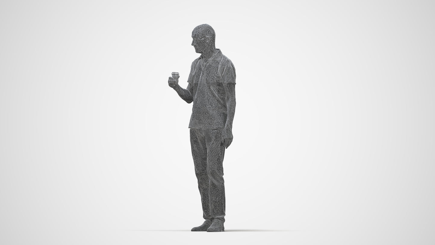 3D scanned senior man standing casual, photorealistic archviz people for Enscape and SketchUp, wireframe back view