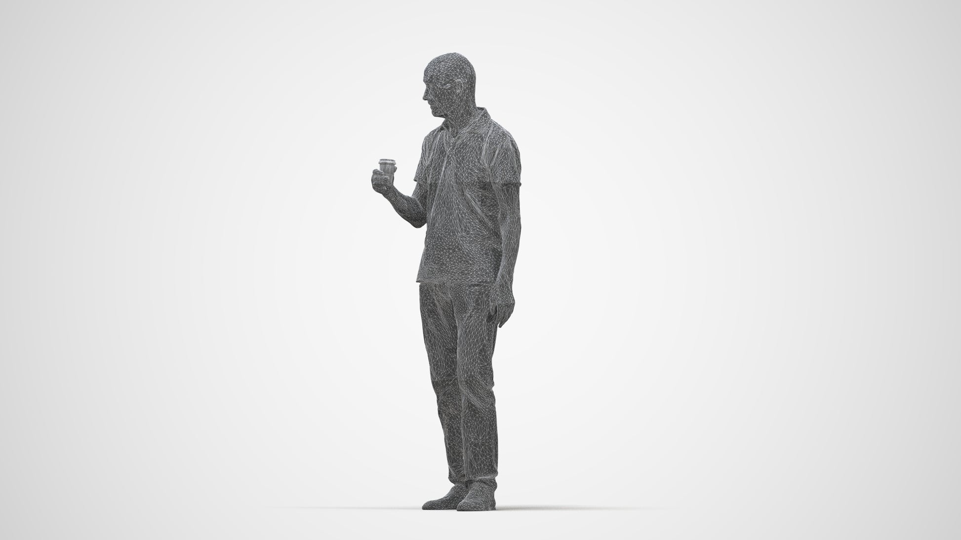 3D scanned senior man standing casual, photorealistic archviz people for Enscape and SketchUp, wireframe back view