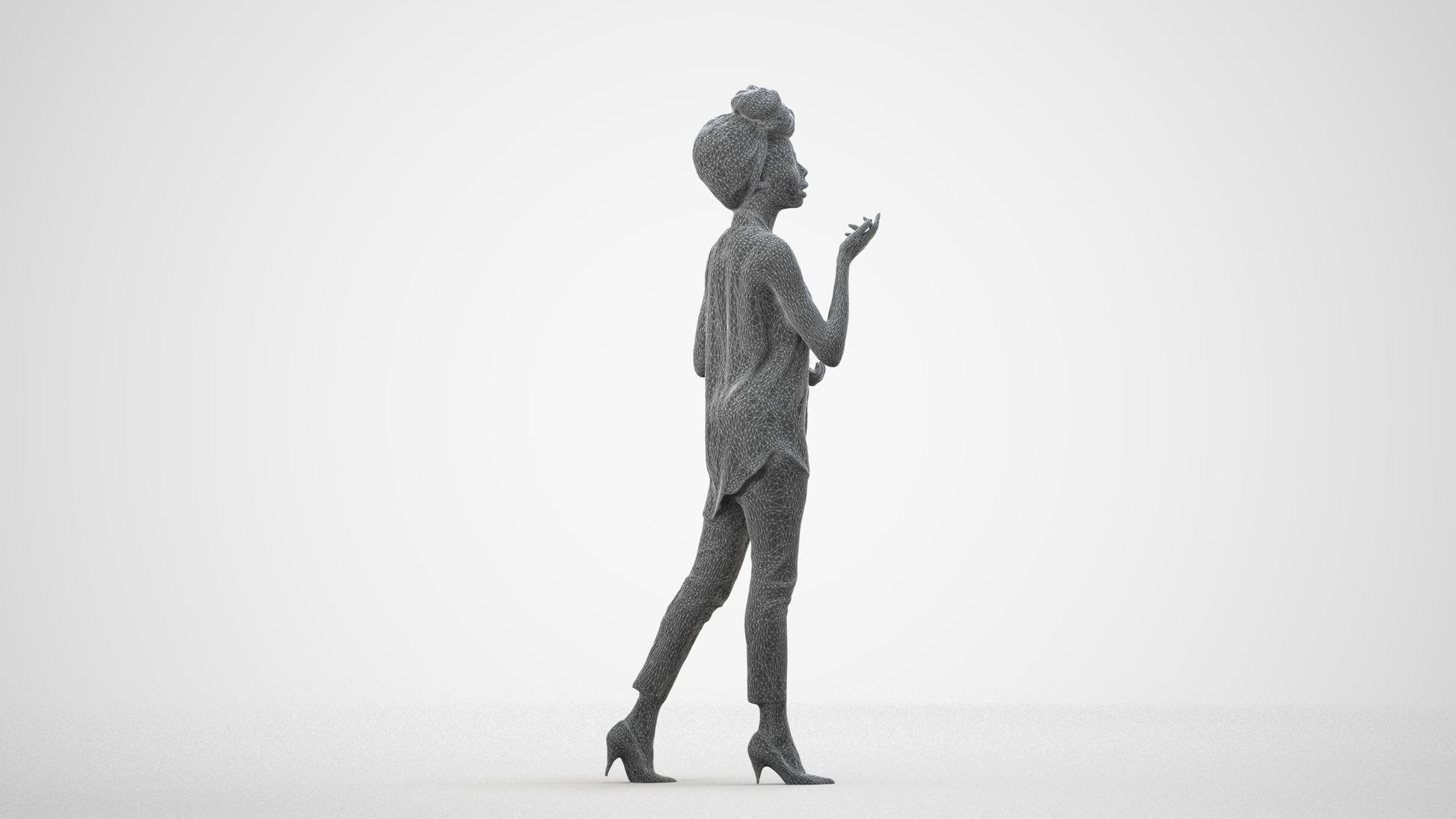 scanned 3D woman casual walking, photogrammetry people for Enscape and V-Ray, wireframe side view