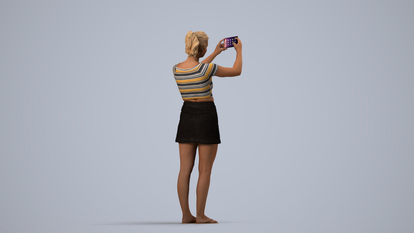 3D human model woman casual standing, photogrammetry scanned person for archviz, side view render