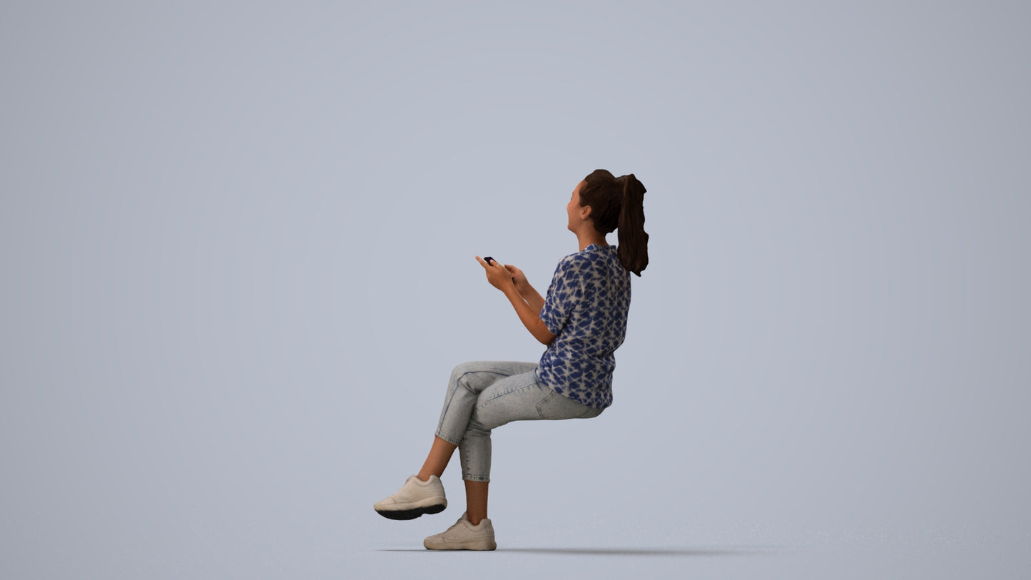 photogrammetry 3D woman casual sitting, realistic human model archviz FBX, three-quarter view render