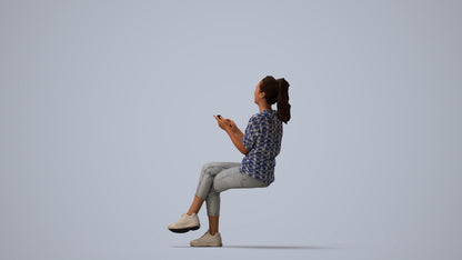 photogrammetry 3D woman casual sitting, realistic human model archviz FBX, three-quarter view render