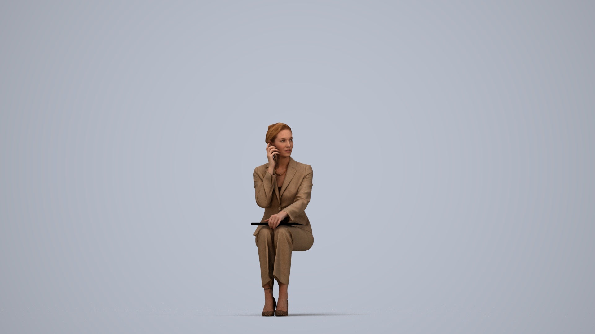 3D human model woman casual mix, photogrammetry scanned person for archviz, top-down view render