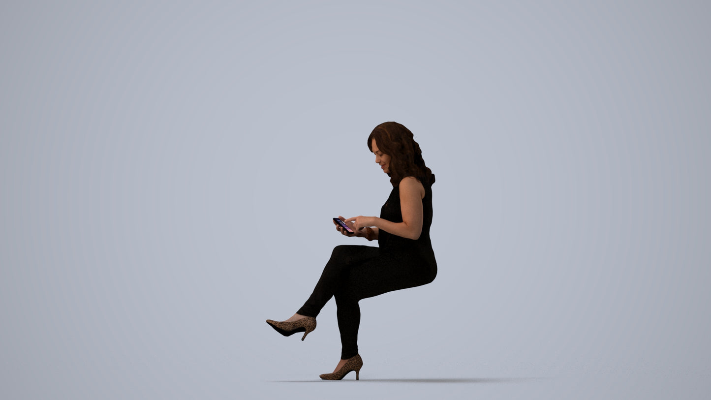 photogrammetry 3D woman casual sitting, realistic human model archviz FBX, three-quarter view render