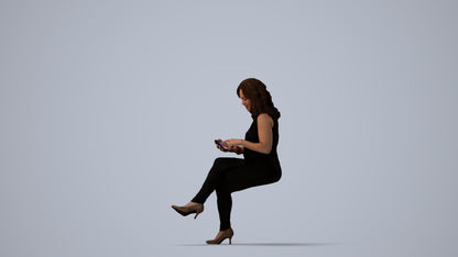 photogrammetry 3D woman casual sitting, realistic human model archviz FBX, three-quarter view render