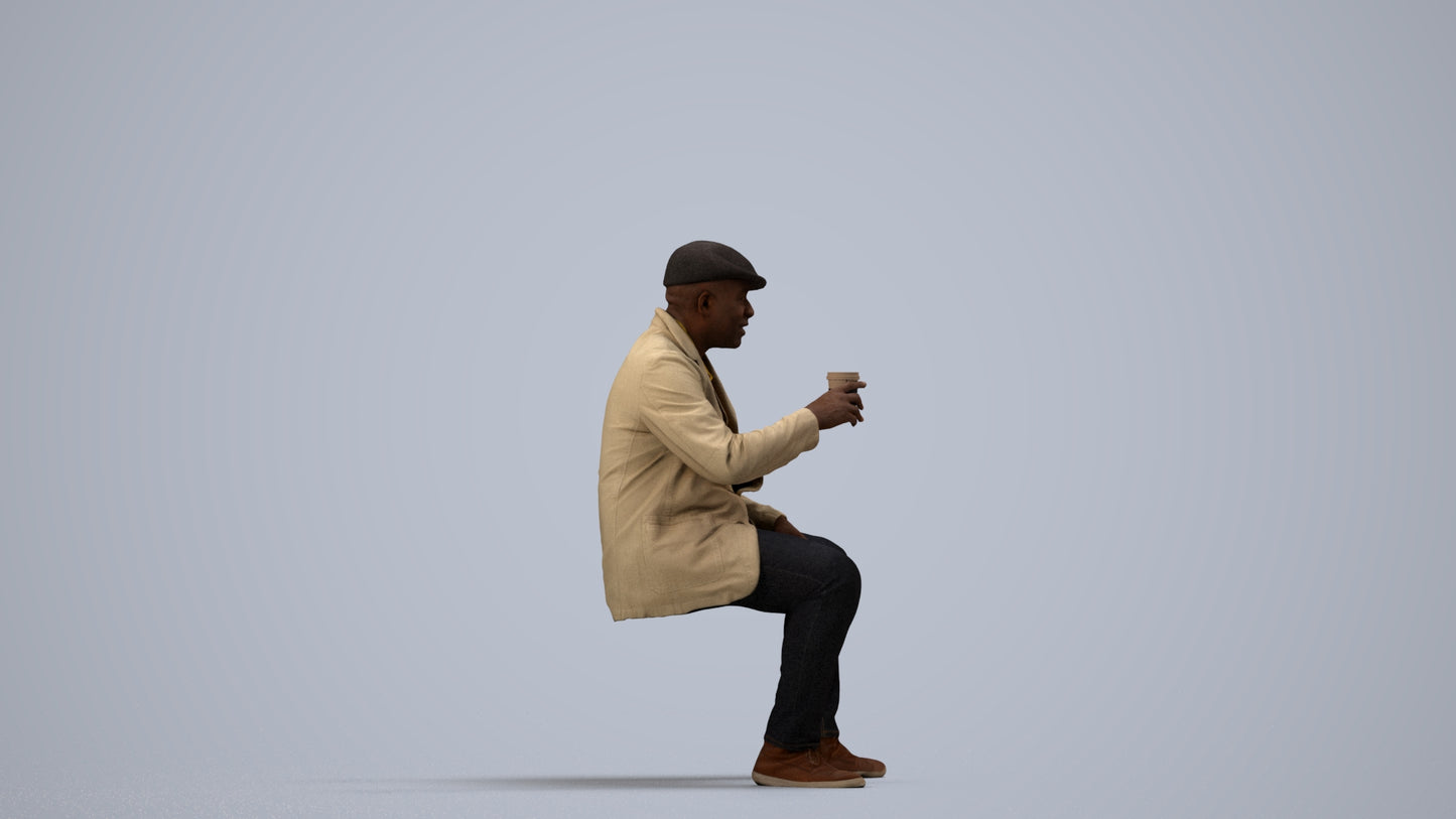 3D scanned man sitting casual, photorealistic archviz people for Enscape and SketchUp, side view render
