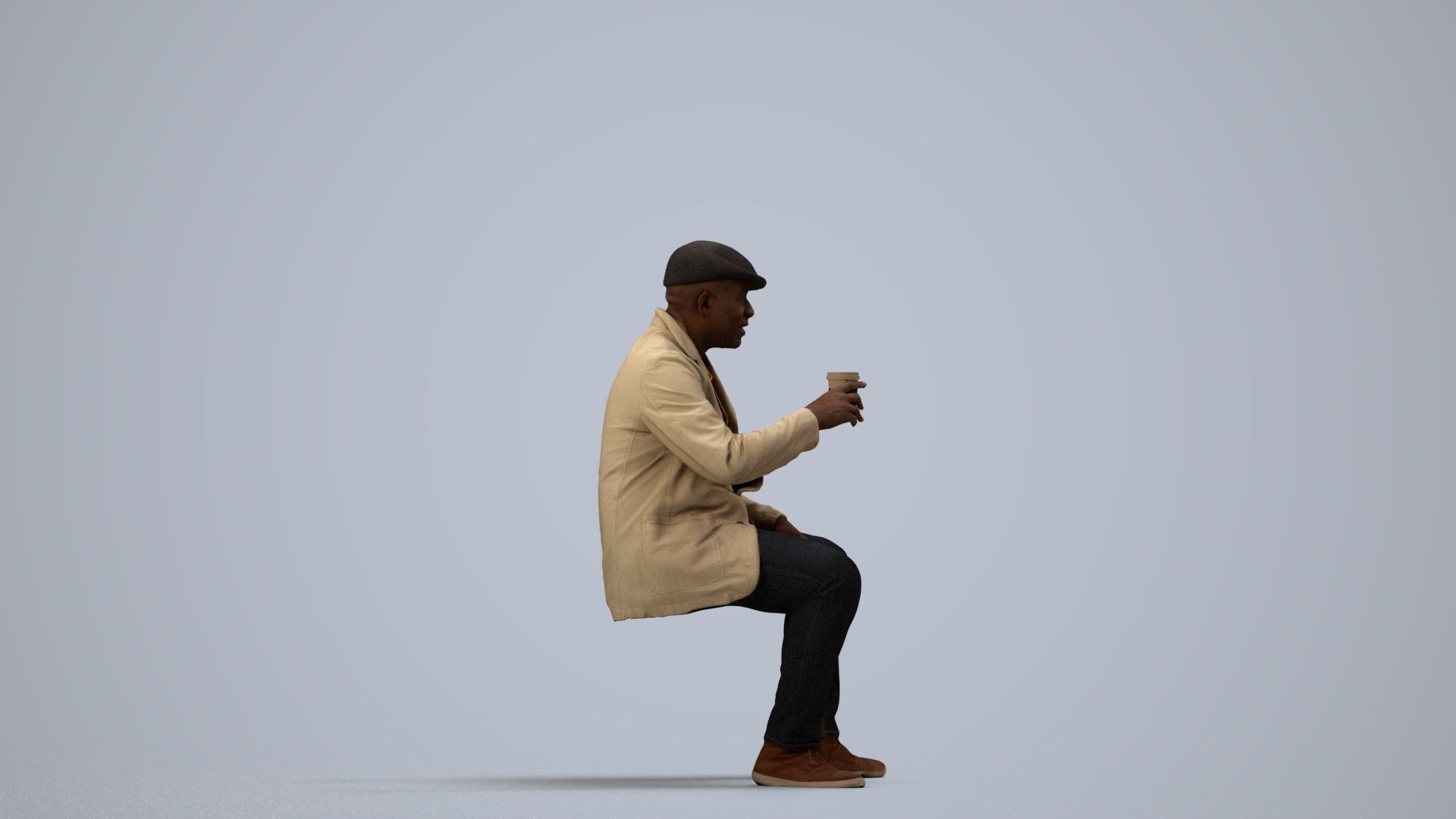 3D scanned man sitting casual, photorealistic archviz people for Enscape and SketchUp, side view render