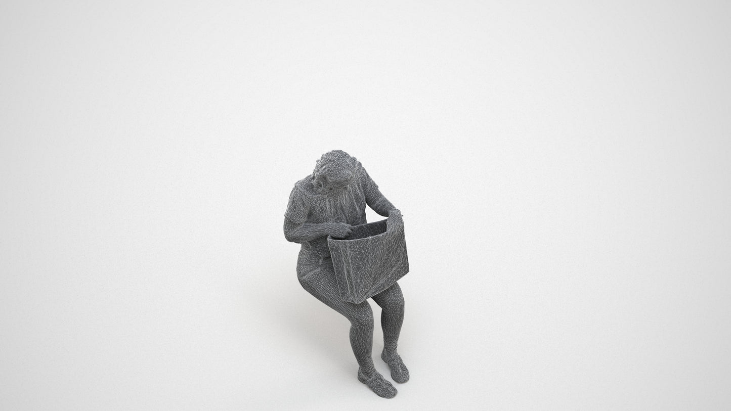 3D human model woman casual sitting, photogrammetry scanned person for archviz, wireframe three-quarter view