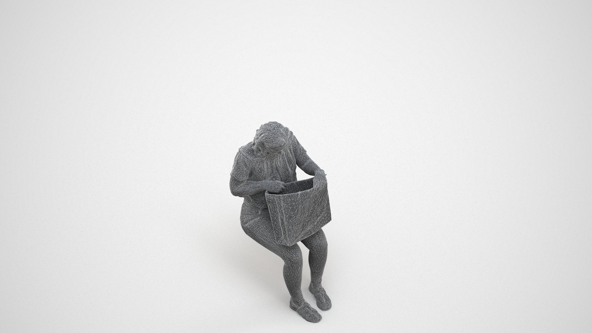 3D human model woman casual sitting, photogrammetry scanned person for archviz, wireframe three-quarter view